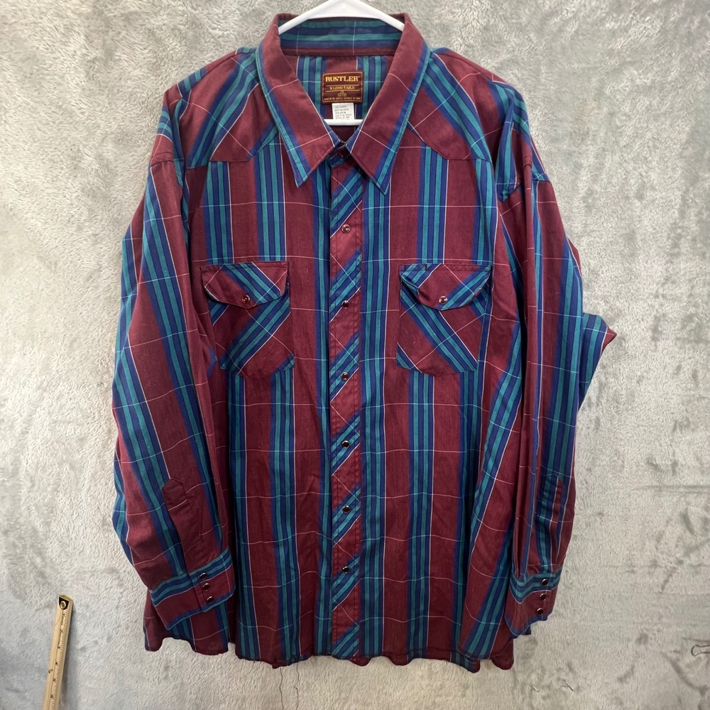 Rustler Mens Western Snap Shirt Burgundy Teal Stripe X-Long Tails 20 34/35 2XL